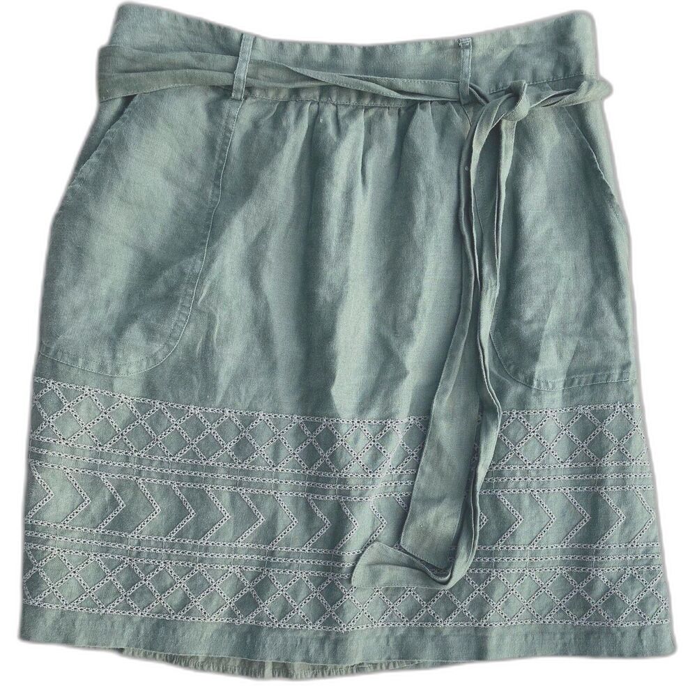 Banana Republic Green Linen Mini Skirt Women 2 Embroidered Belted Pockets Lined